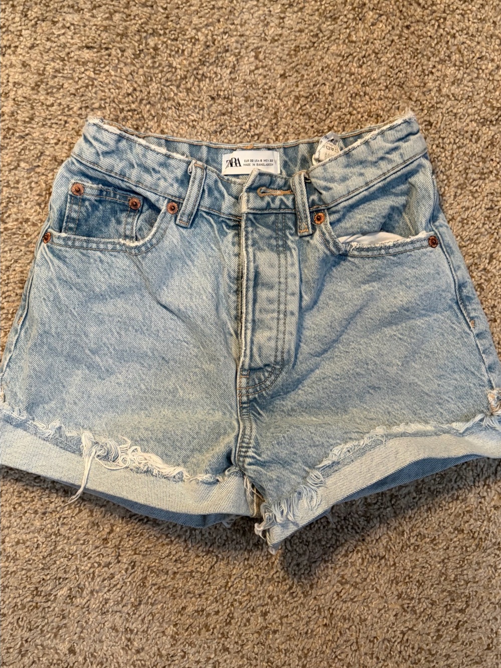 Zara Light Blue Distressed High-Rise Denim Shorts